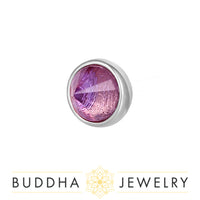 This style has an overall size of 2.5mm (1) Amethyst gemstone in a pyramid bezel reverse set cut