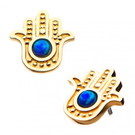 Invictus - 14Kt Yellow Gold Threadless Hamsa with Blue Opal Top