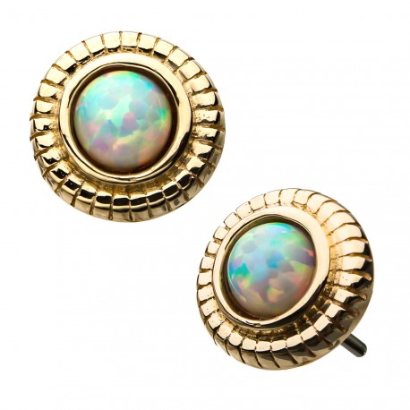 Invictus - 14kt Yellow Gold Threadless Bezel Set White Synthetic Opal Fine Line Scalloped Edge Top