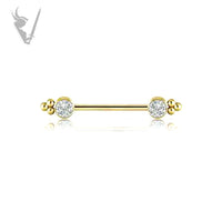 Valkyrie - Titanium gold PVD jeweled nipple barbell with Swarovski ® zirconia
